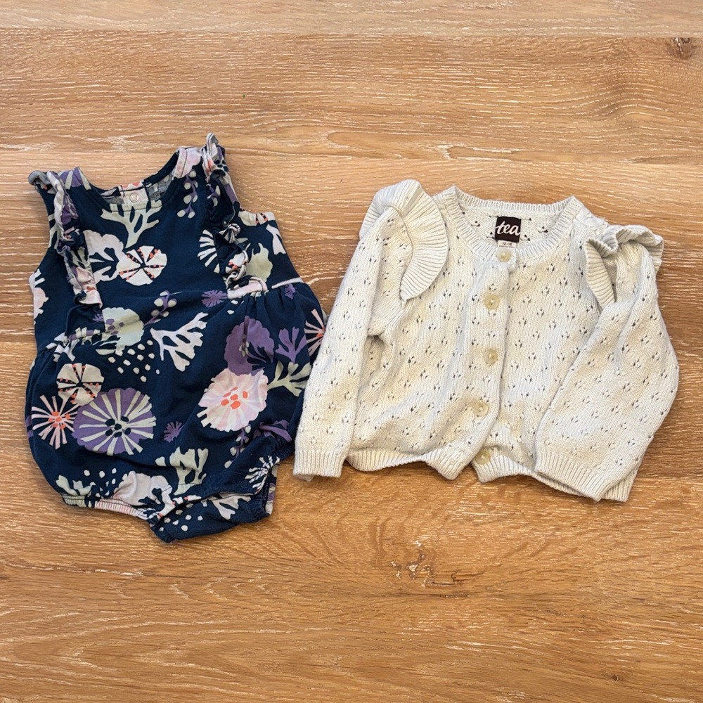 Tea Collection Navy Floral Romper and Cream Cardigan